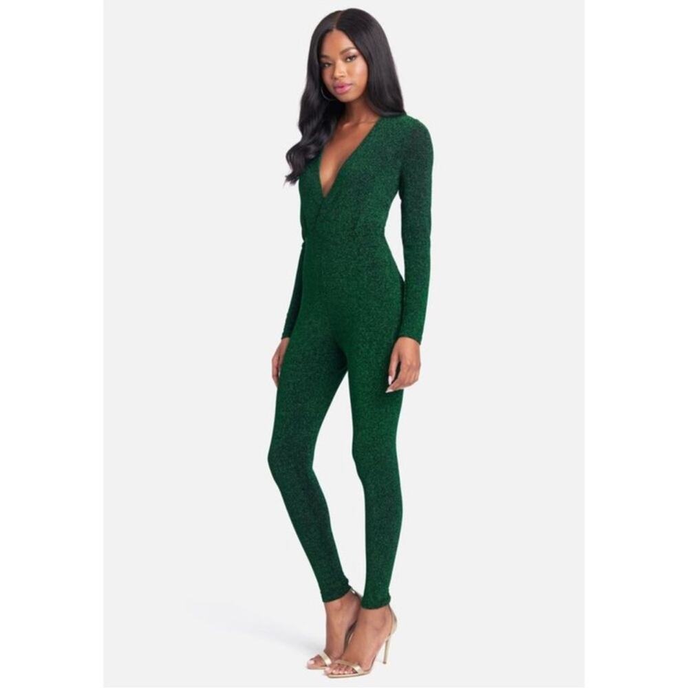bebe Emerald Green Metallic Knit Long Sleeve V-Neck Jumpsuit | Size L